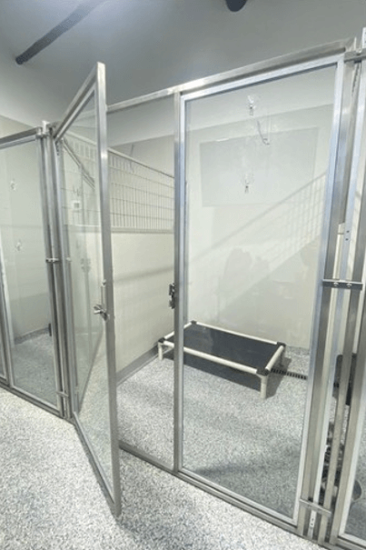 A stainless steel and glass kennel enclosure with an open door, containing a raised black pet bed inside on a speckled floor.